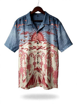Rising Sun Palm Tree Shirt - Cream Burgundy