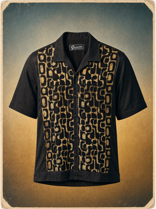 Bowler bowling shirt, black body with gold Disco Melt batik panel, bamboo twill