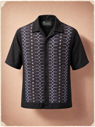Bowler bowling shirt, black body with lavender-purple Disco Stripes batik panel