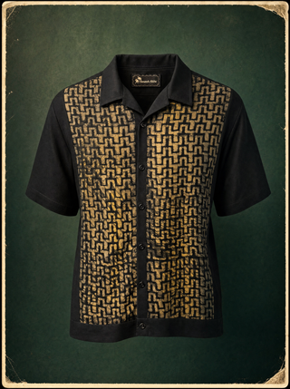 Bowler bowling shirt, black body with gold Tetris batik panel, bamboo twill