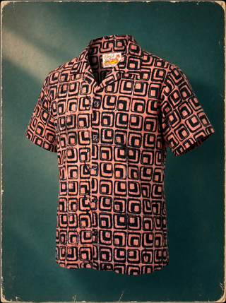 Kuta Shirt in Disco Jaffles batik, coral and black, camp collar short sleeve
