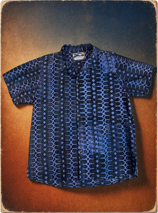 Kuta Shirt in Disco Stripes batik, indigo-purple, camp collar short sleeve