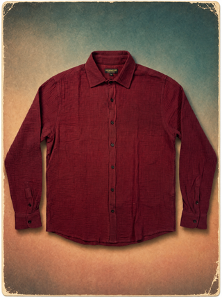 Mandarin-collar long sleeve shirt in pure linen, deep maroon