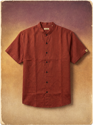 Mandarin-collar short sleeve shirt in pure linen, terracotta orange