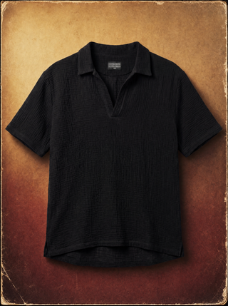 Riviera Shirt in solid black double-bubble cotton, open johnny collar short sleeve