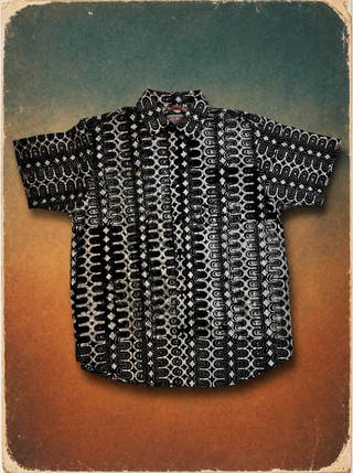 Sanur Shirt in Disco Stripes batik, black and bone, camp collar short sleeve